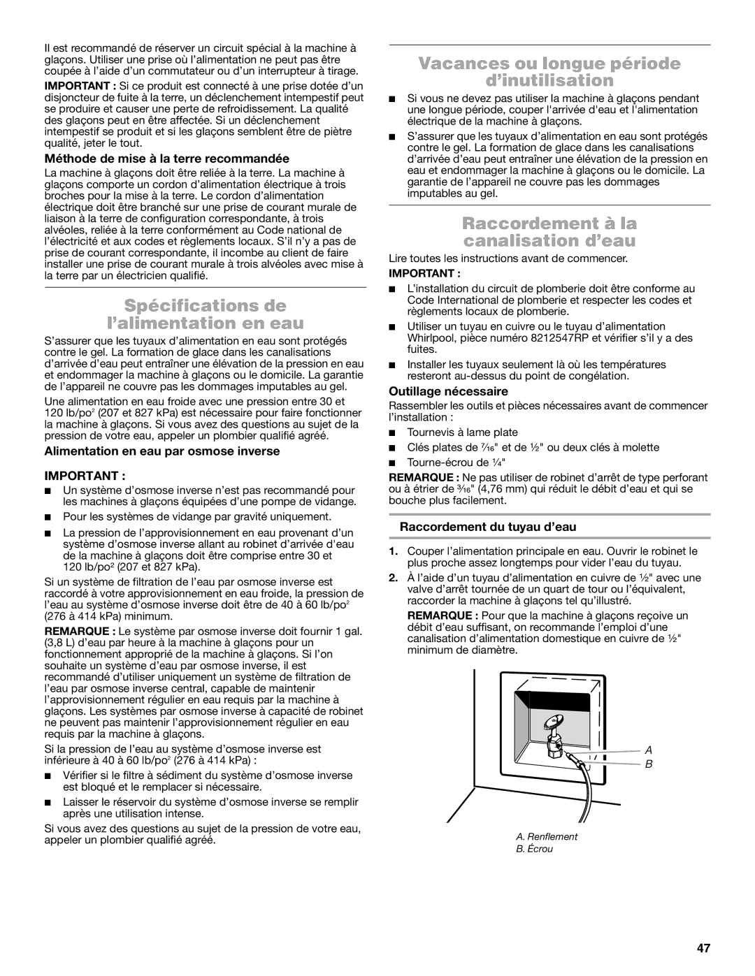 Jenn-Air W10519943B manual Spécifications de ’alimentation en eau, Vacances ou longue période ’inutilisation 