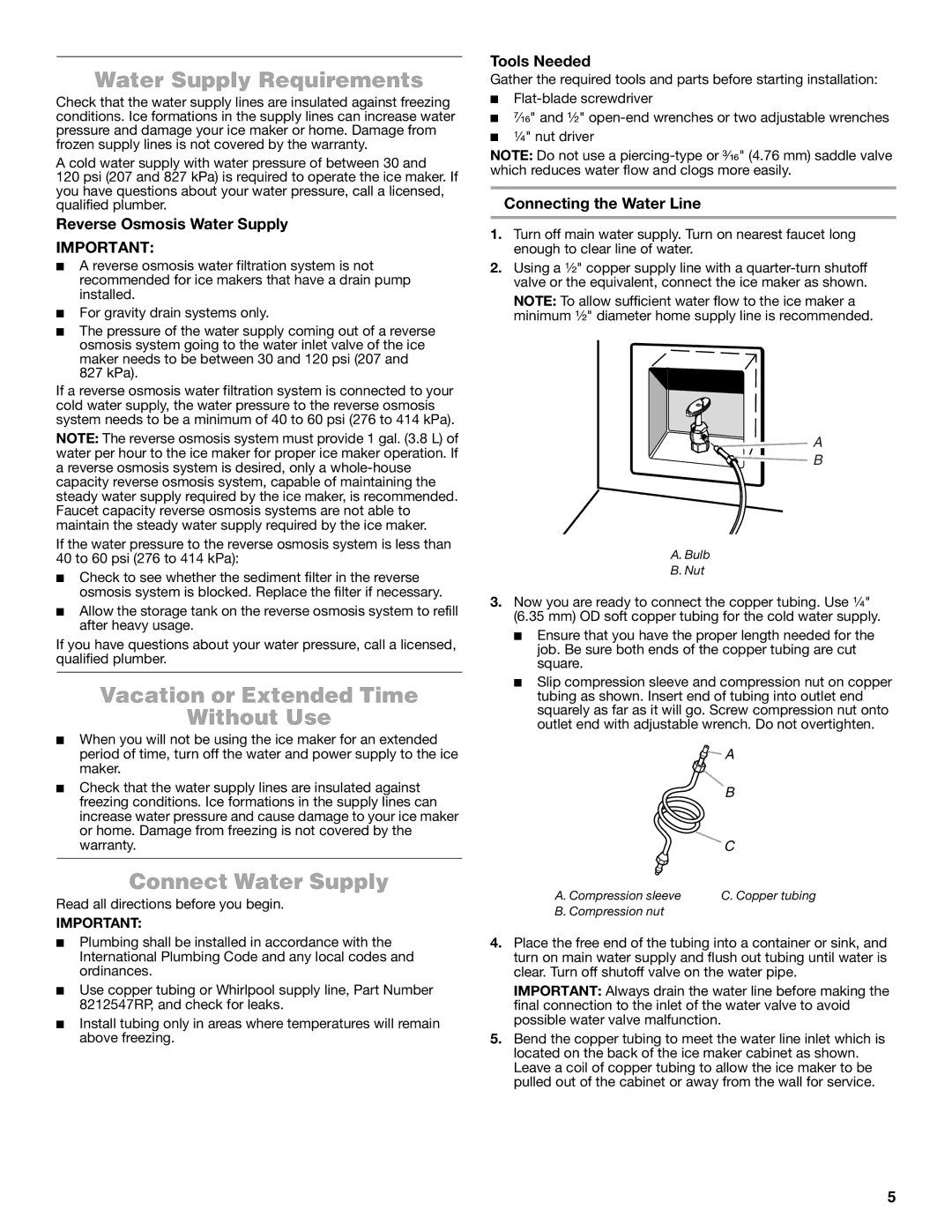 Jenn-Air W10519943B manual Water Supply Requirements, Vacation or Extended Time Without Use, Connect Water Supply 