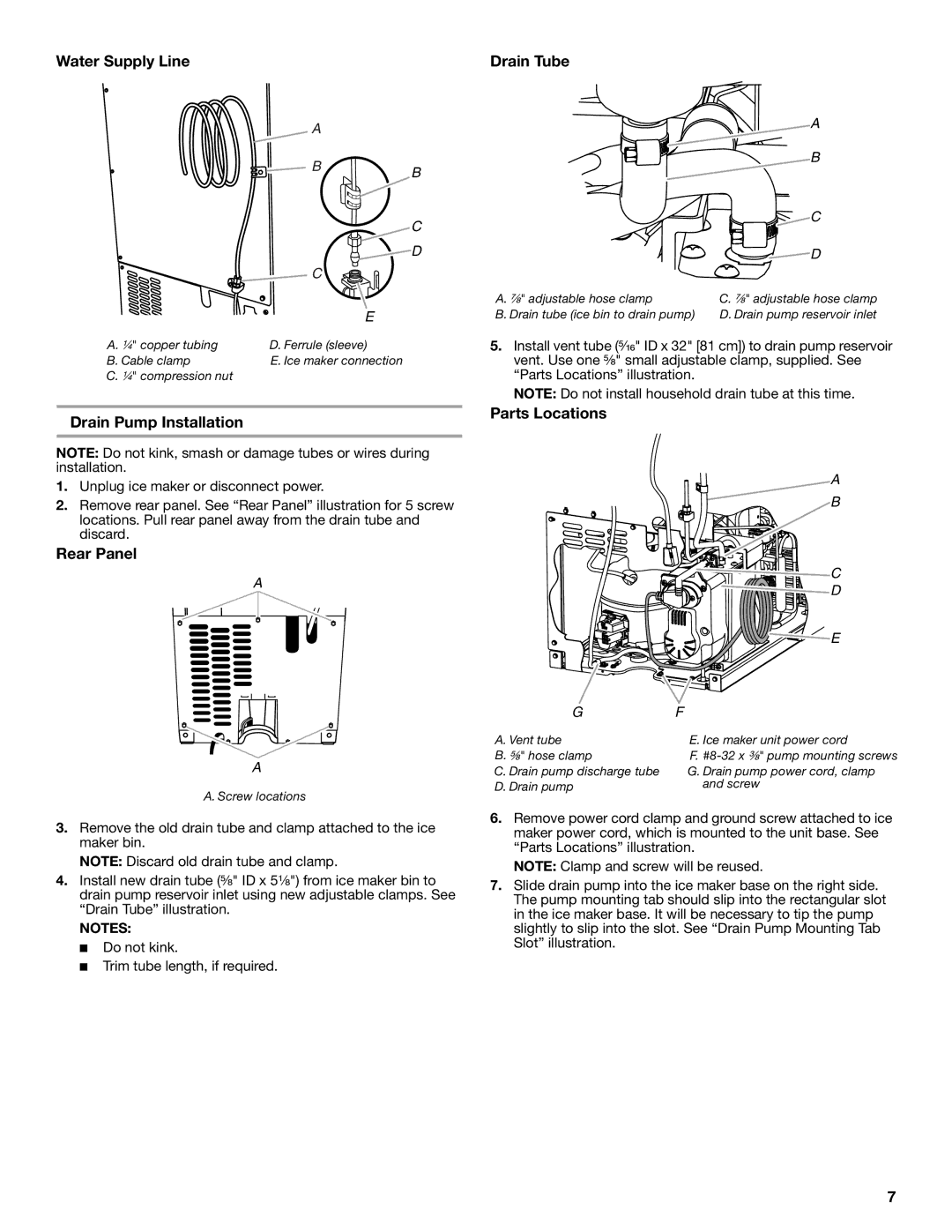 Jenn-Air W10519943B manual Water Supply Line, Drain Pump Installation, Rear Panel, Drain Tube, Parts Locations 