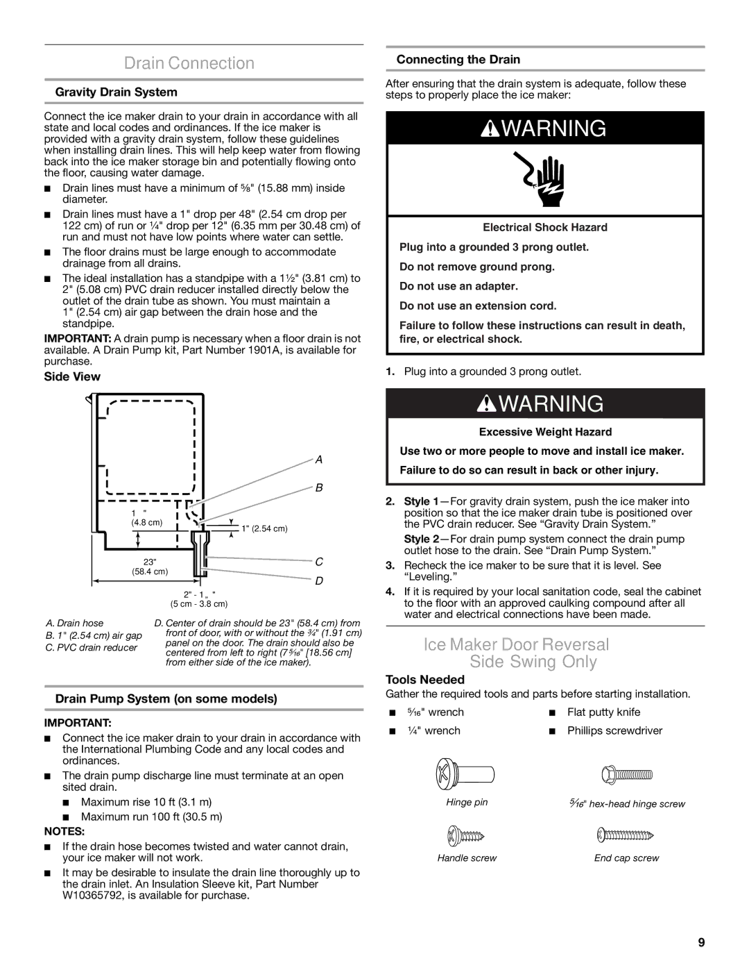 Jenn-Air W10519943B manual Drain Connection, Ice Maker Door Reversal Side Swing Only 