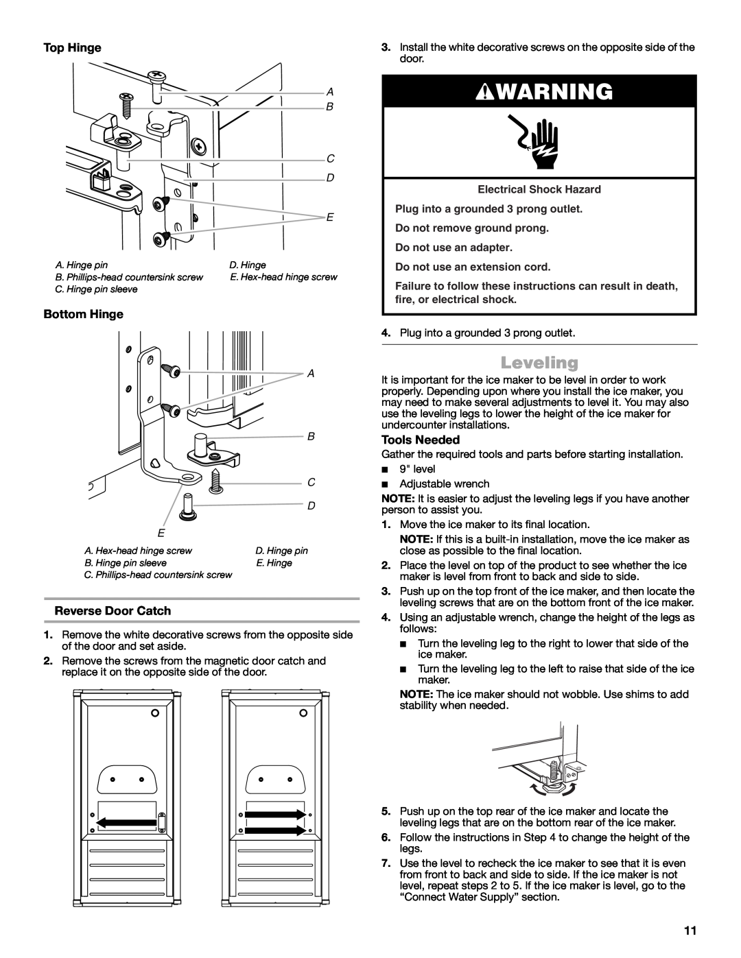 Jenn-Air W10519943B manual Leveling, Top Hinge, Bottom Hinge, Reverse Door Catch, A B C D E, Tools Needed 
