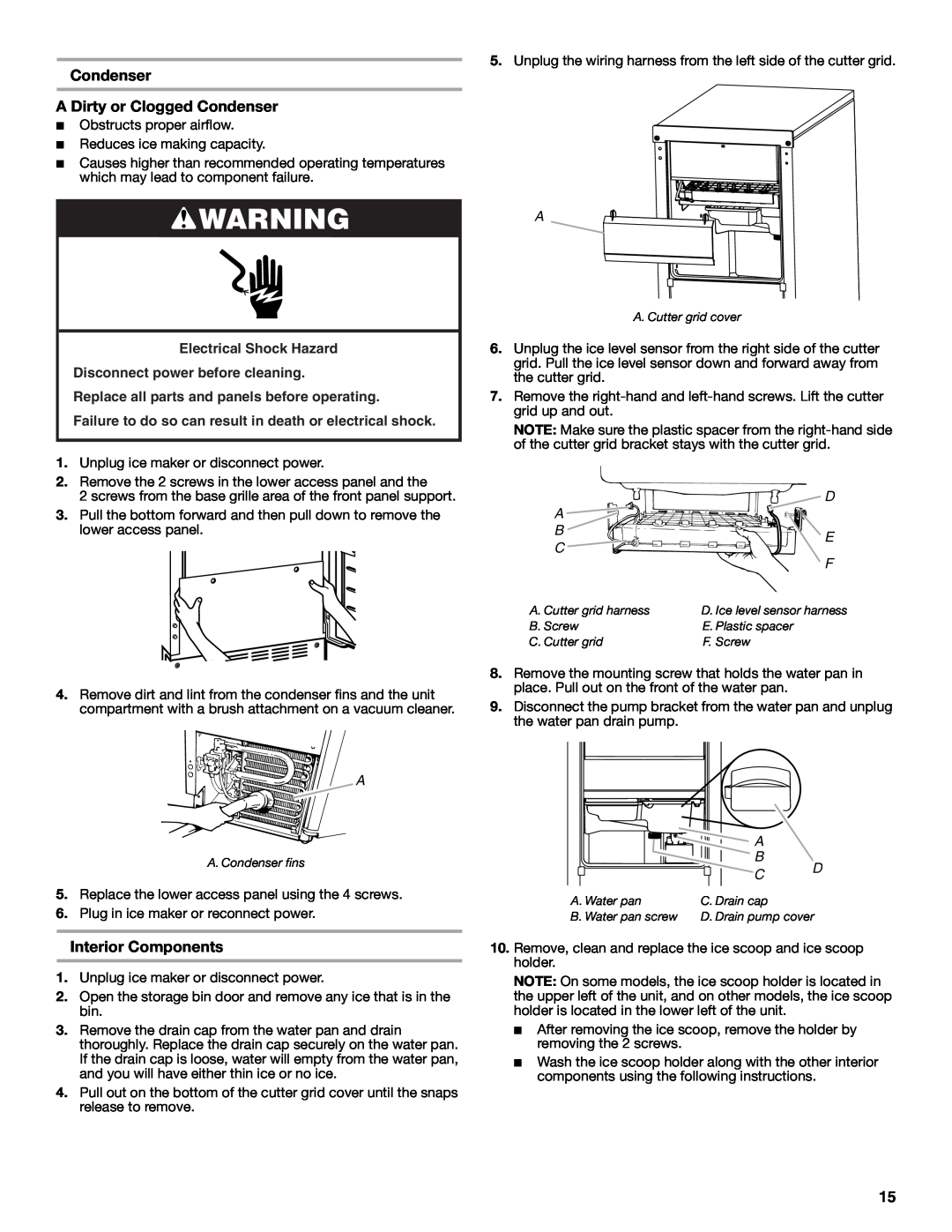 Jenn-Air W10519943B manual Condenser A Dirty or Clogged Condenser, Interior Components, Electrical Shock Hazard 