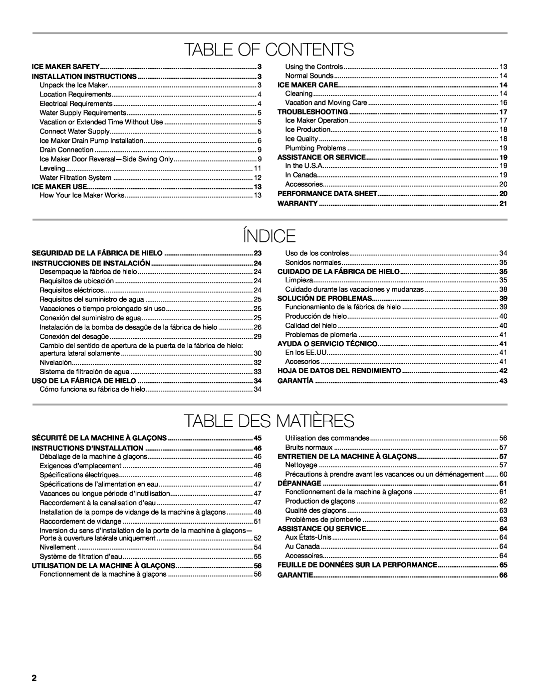 Jenn-Air W10519943B manual Table Of Contents, Índice, Table Des Matières 