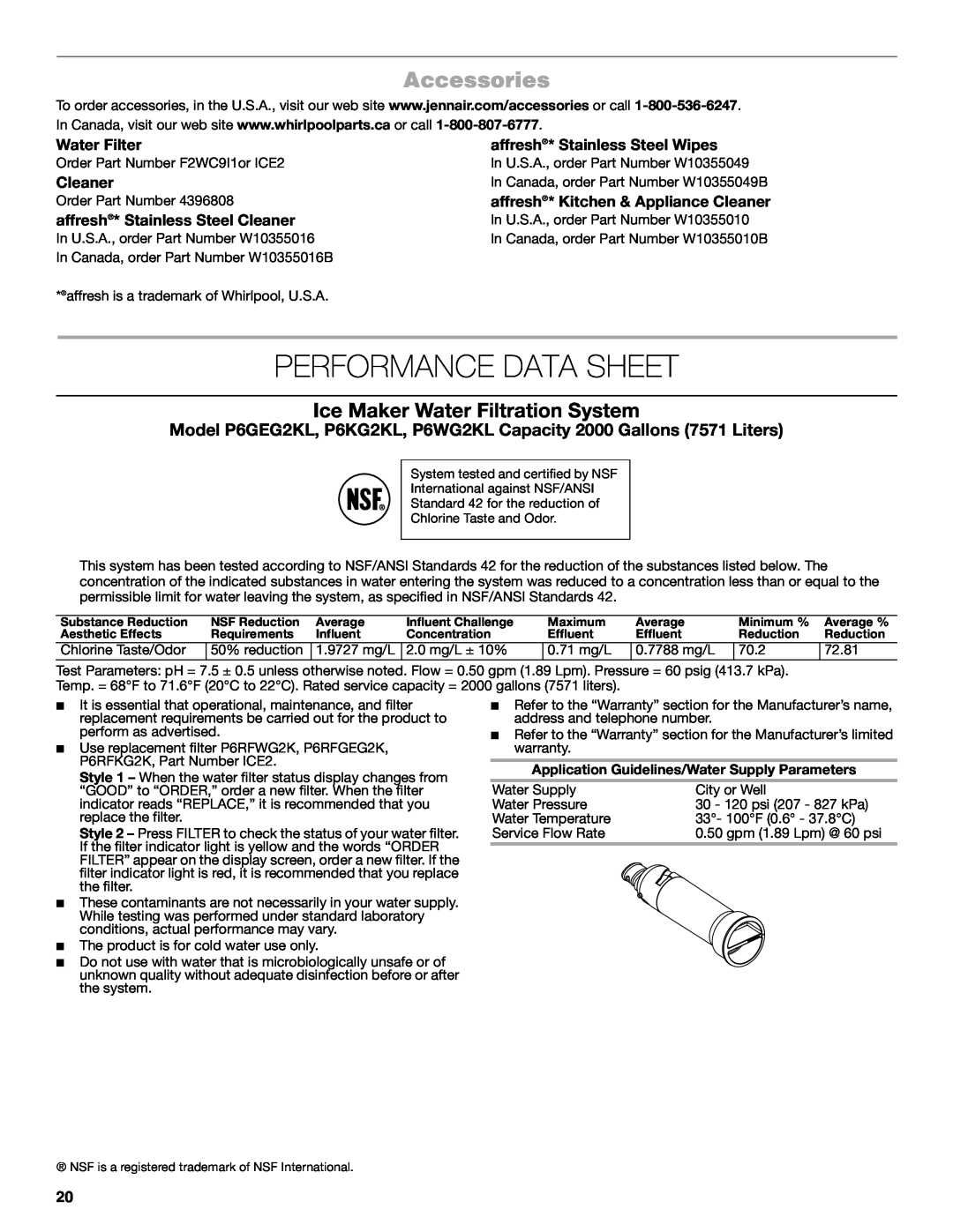 Jenn-Air W10519943B manual Performance Data Sheet, Accessories, Ice Maker Water Filtration System, Water Filter, Cleaner 