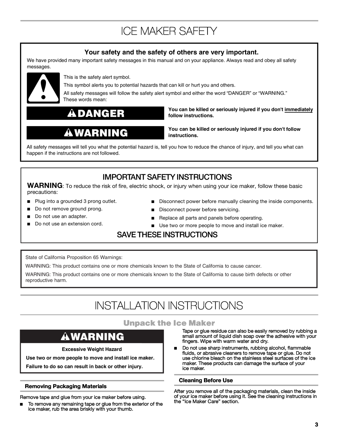 Jenn-Air W10519943B manual Ice Maker Safety, Installation Instructions, Danger, Important Safety Instructions, precautions 