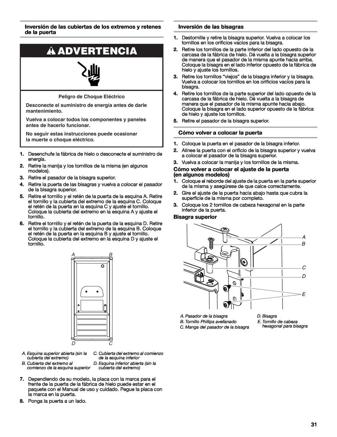 Jenn-Air W10519943B manual Inversión de las bisagras, Cómo volver a colocar la puerta, Bisagra superior, Advertencia 