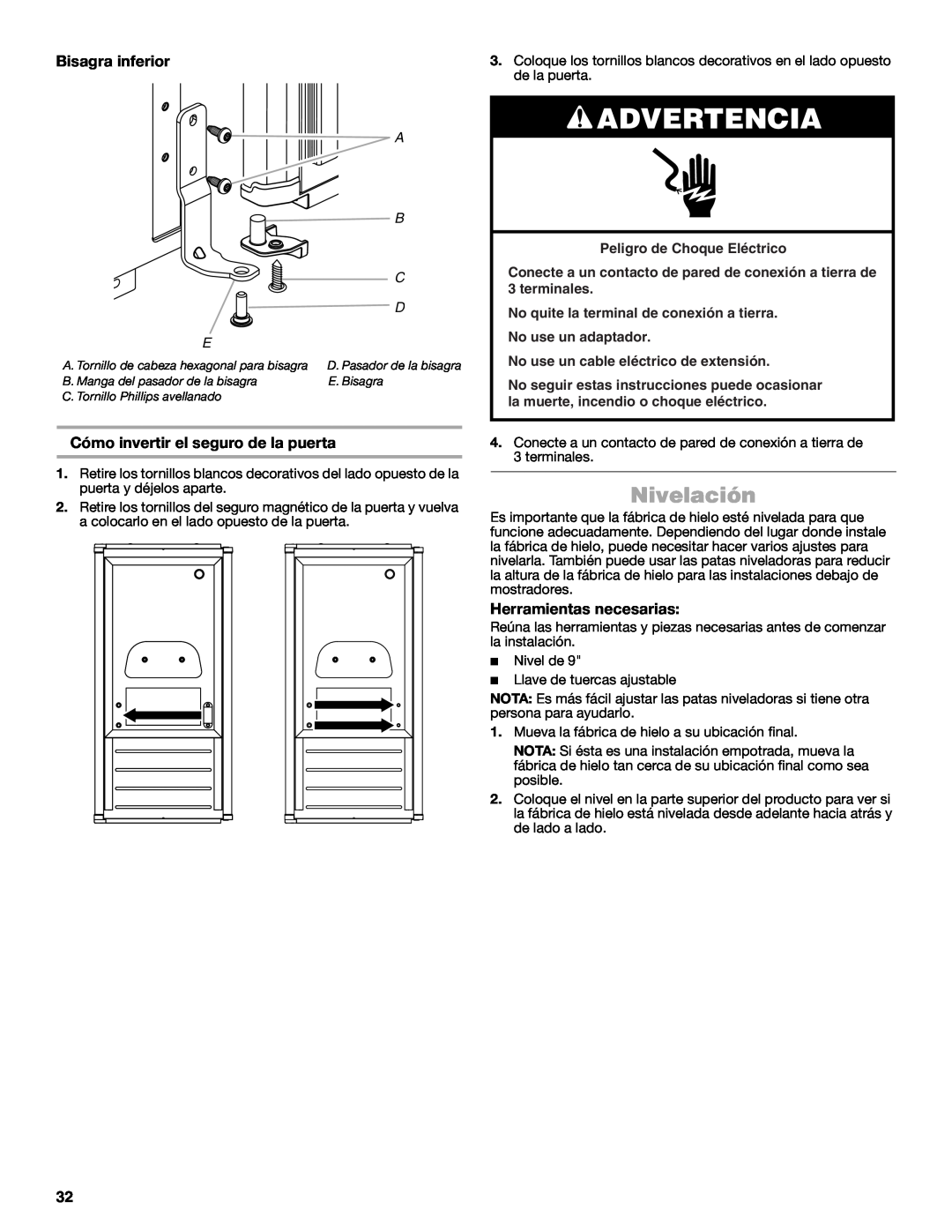 Jenn-Air W10519943B manual Nivelación, Bisagra inferior, Cómo invertir el seguro de la puerta, Advertencia, A B C D E 