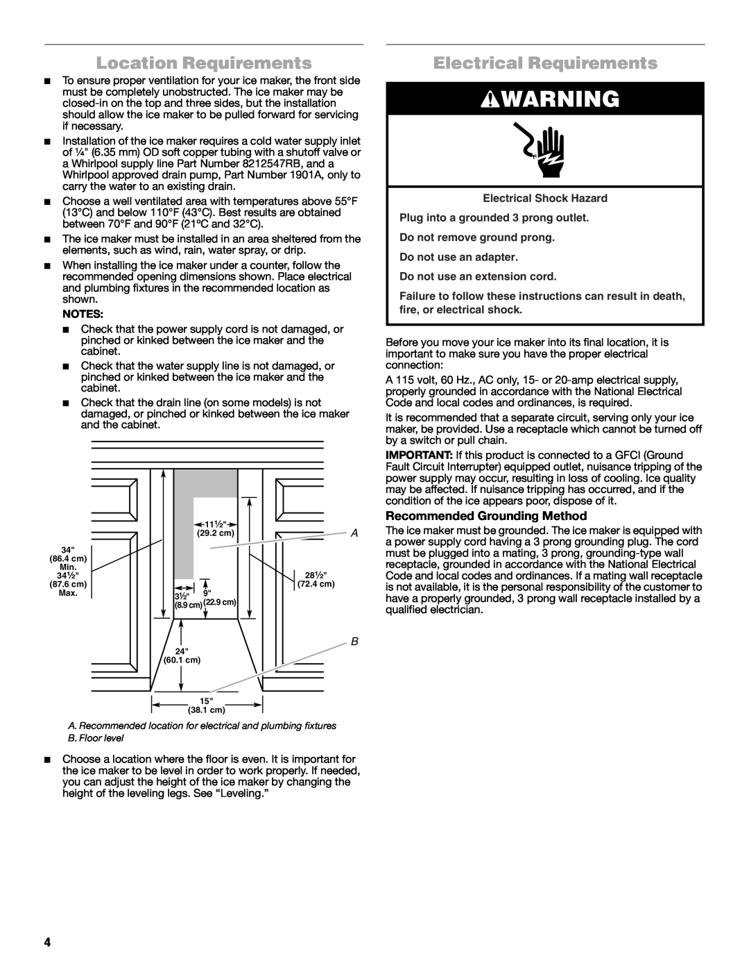 Jenn-Air W10519943B manual Location Requirements, Electrical Requirements, Recommended Grounding Method 