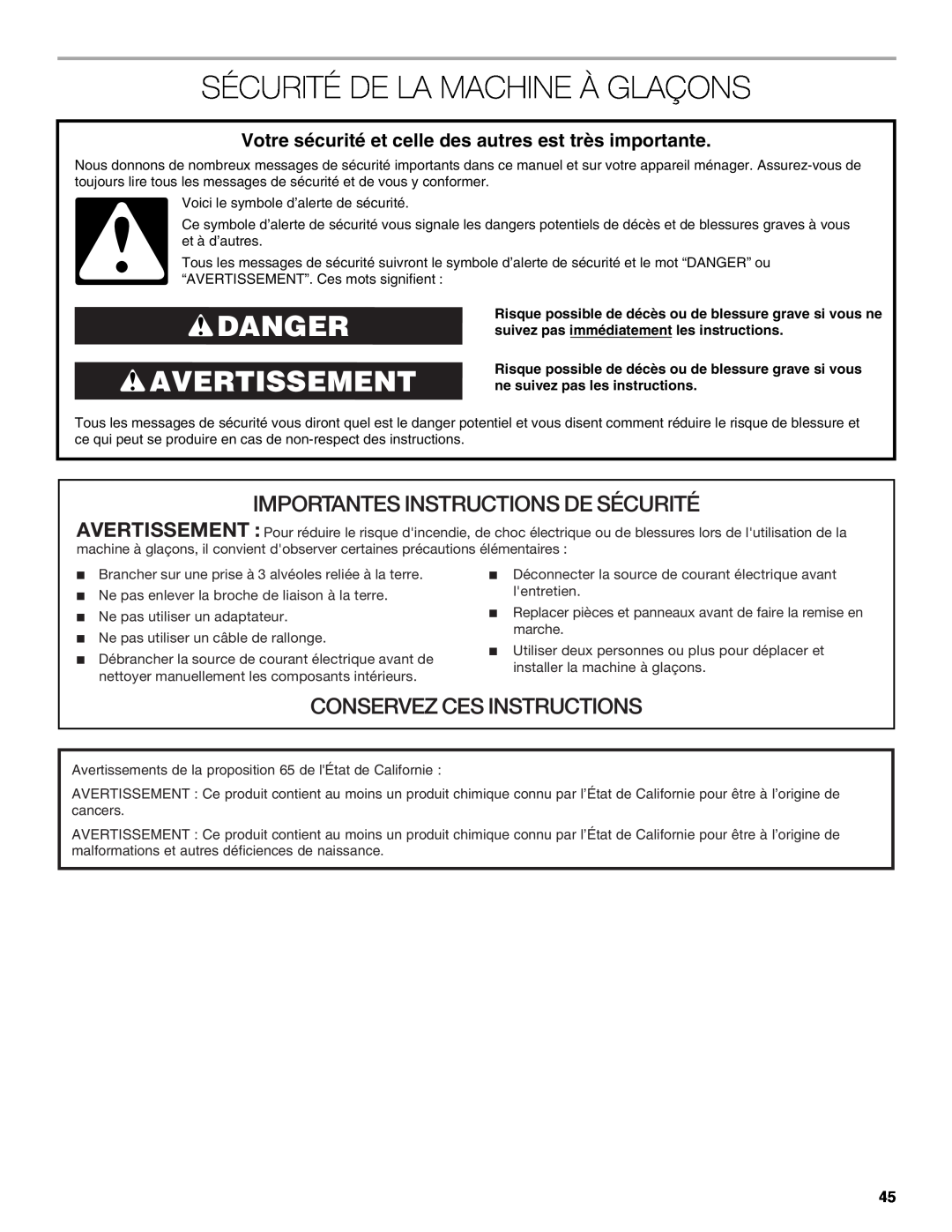 Jenn-Air W10519943B manual Sécurité De La Machine À Glaçons, Danger Avertissement, Importantes Instructions De Sécurité 