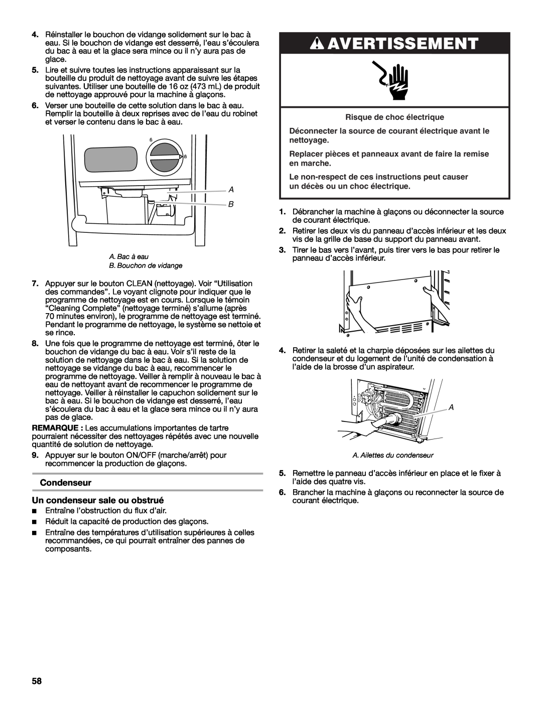 Jenn-Air W10519943B manual Condenseur Un condenseur sale ou obstrué, Avertissement 