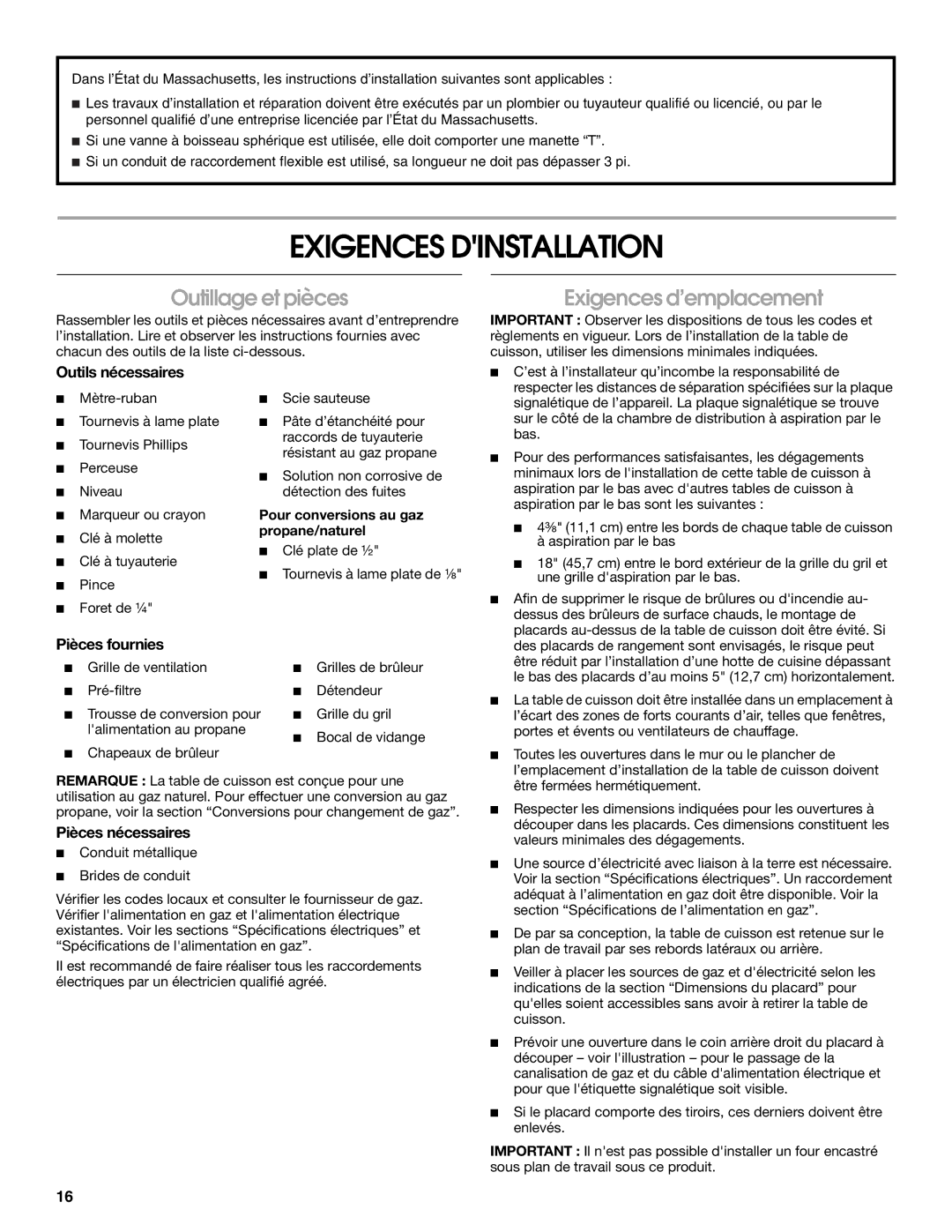 Jenn-Air W10526003A installation instructions Exigences Dinstallation, Outillage et pièces, Exigences d’emplacement 