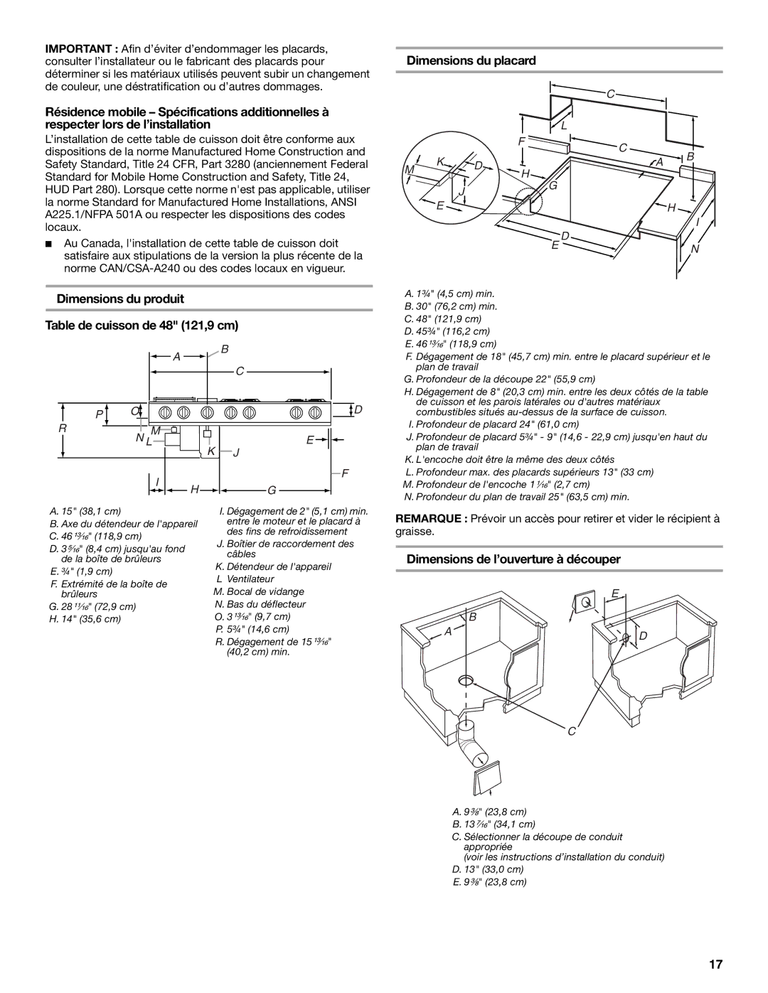 Jenn-Air W10526003A Dimensions du produit Table de cuisson de 48 121,9 cm, Dimensions de l’ouverture à découper 