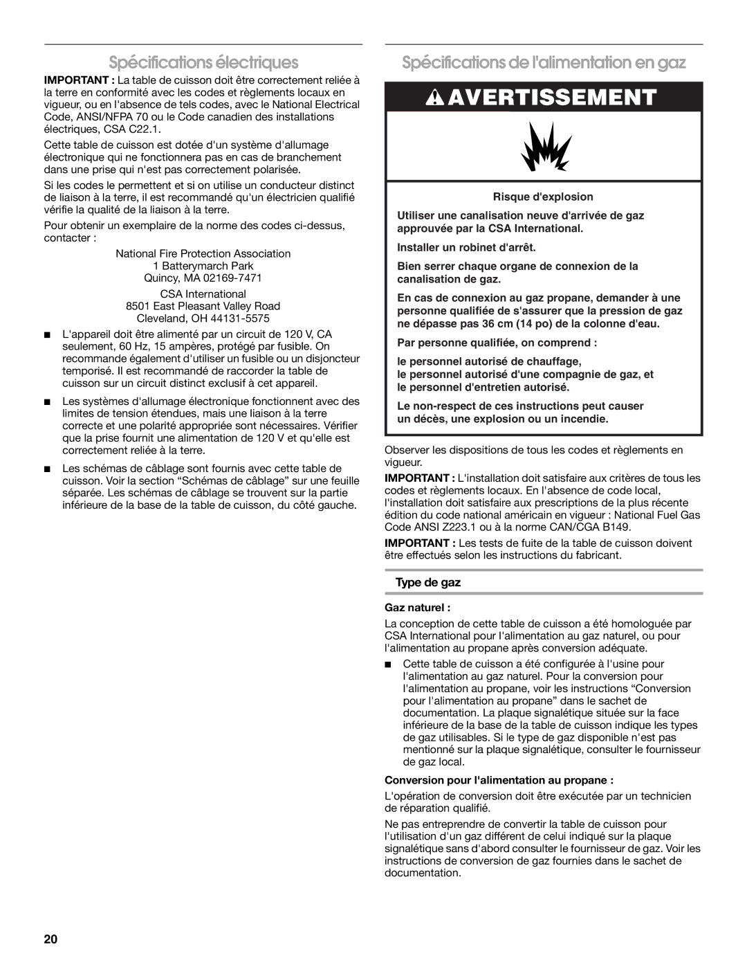 Jenn-Air W10526003A Spécifications électriques, Spécifications de lalimentation en gaz, Type de gaz, Gaz naturel 