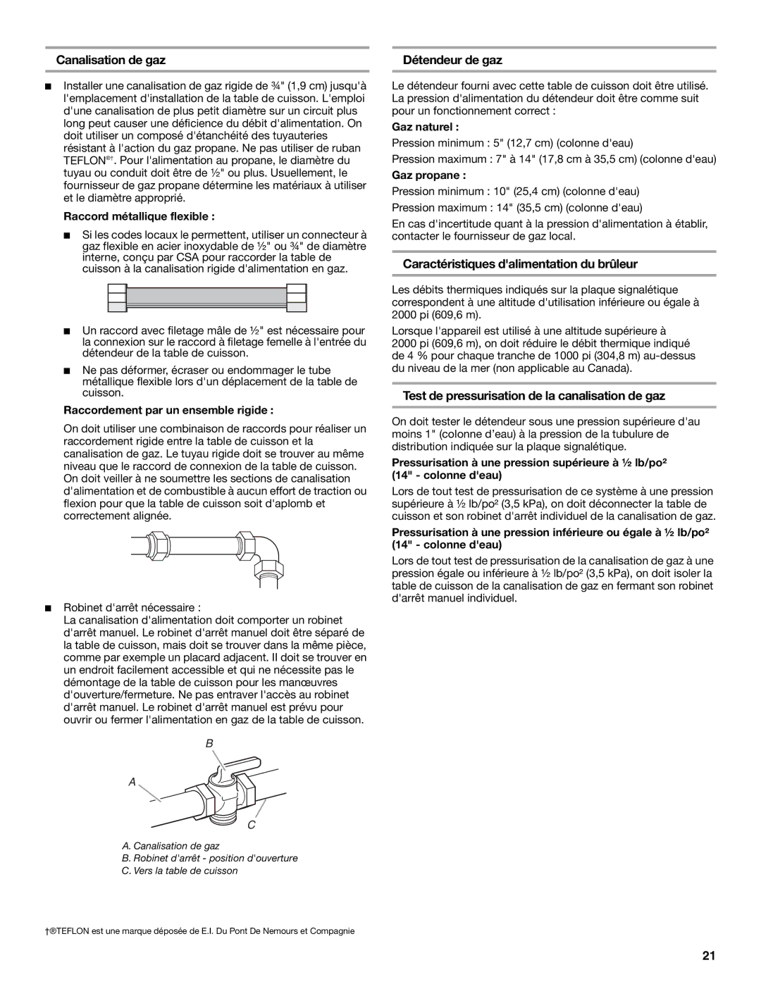 Jenn-Air W10526003A Canalisation de gaz, Détendeur de gaz, Caractéristiques dalimentation du brûleur 