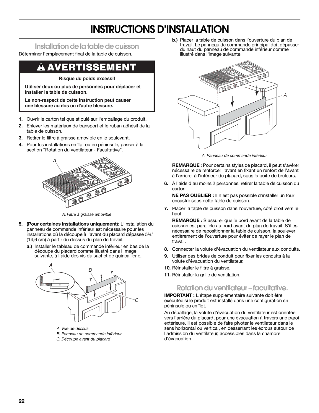 Jenn-Air W10526003A Instructions D’INSTALLATION, Installation de la table de cuisson, Rotation du ventilateur facultative 