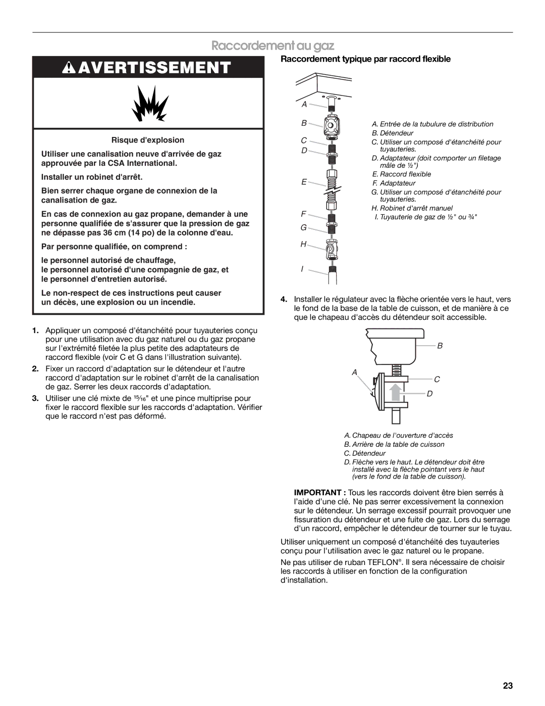 Jenn-Air W10526003A installation instructions Raccordement au gaz, Raccordement typique par raccord flexible 