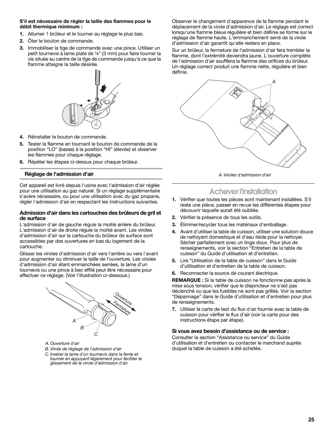 Jenn-Air W10526003A Achever linstallation, Réglage de ladmission dair, Si vous avez besoin d’assistance ou de service 