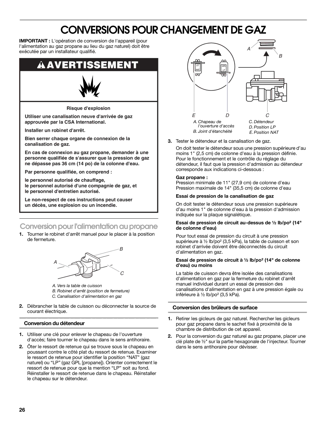 Jenn-Air W10526003A Conversions Pour Changement DE GAZ, Conversion pour lalimentation au propane, Conversion du détendeur 