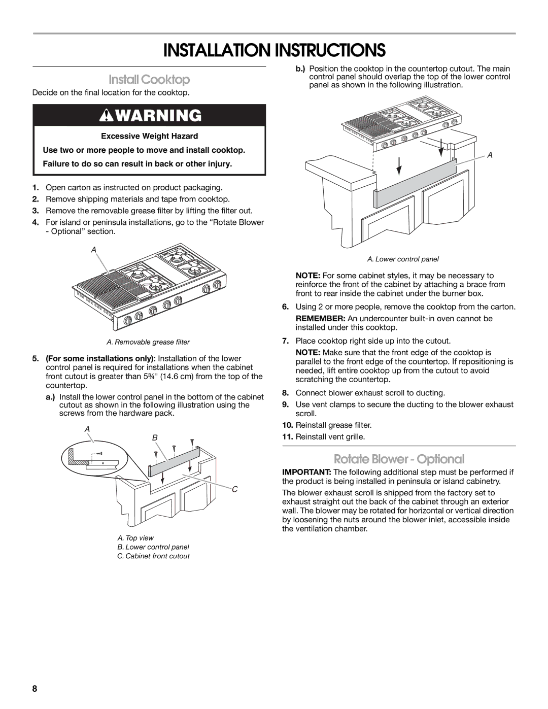 Jenn-Air W10526003A installation instructions Installation Instructions, Rotate Blower Optional 