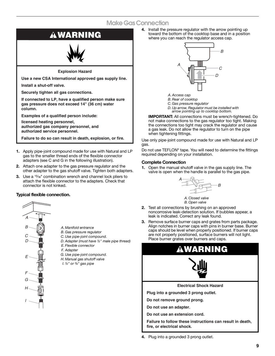 Jenn-Air W10526003A installation instructions Make Gas Connection, Complete Connection, Typical flexible connection 