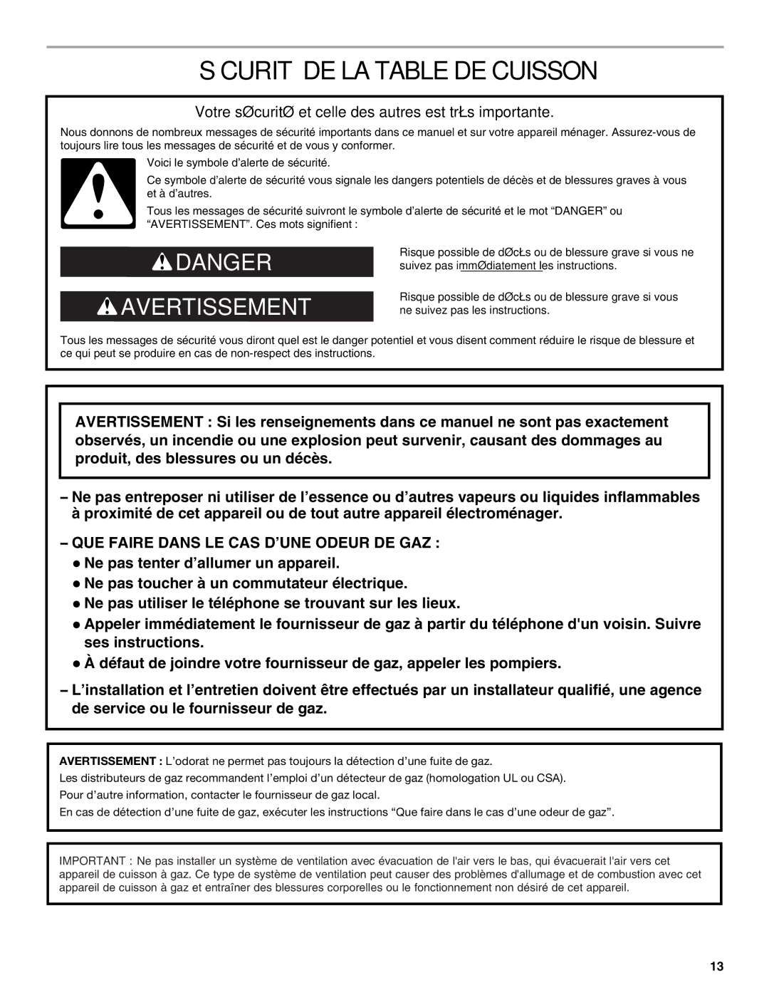 Jenn-Air W10526080A Sécurité DE LA Table DE Cuisson, Votre sécurité et celle des autres est très importante 