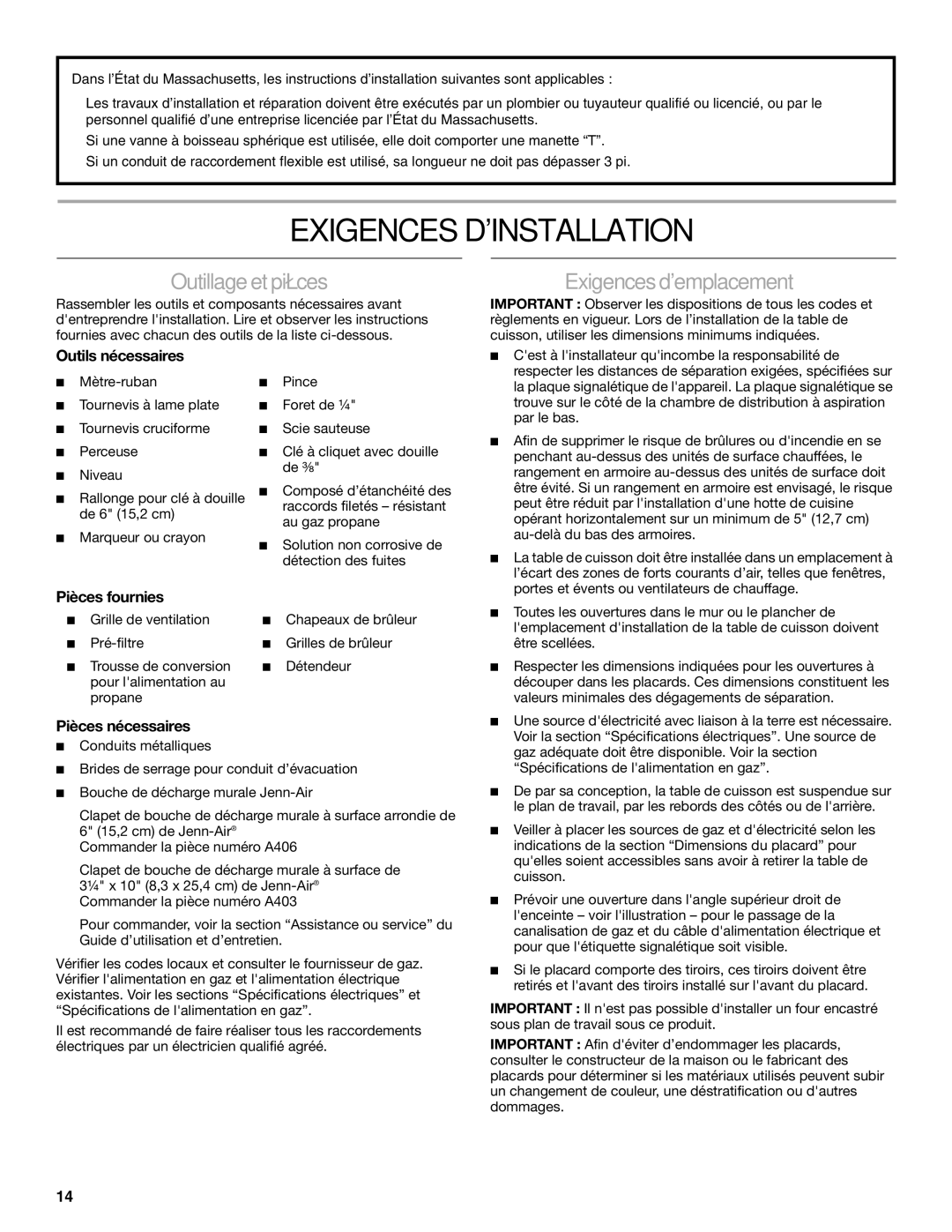 Jenn-Air W10526080A installation instructions Exigences Dinstallation, Outillage et pièces, Exigences demplacement 