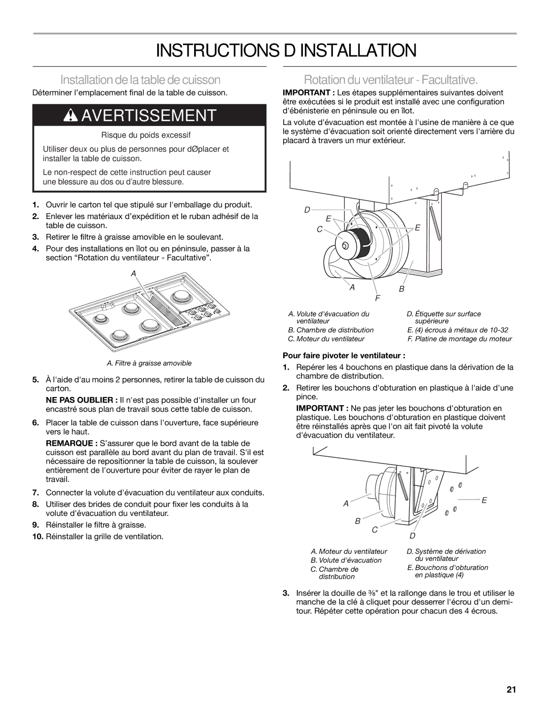 Jenn-Air W10526080A Instructions D’INSTALLATION, Installation de la table de cuisson, Rotation du ventilateur Facultative 