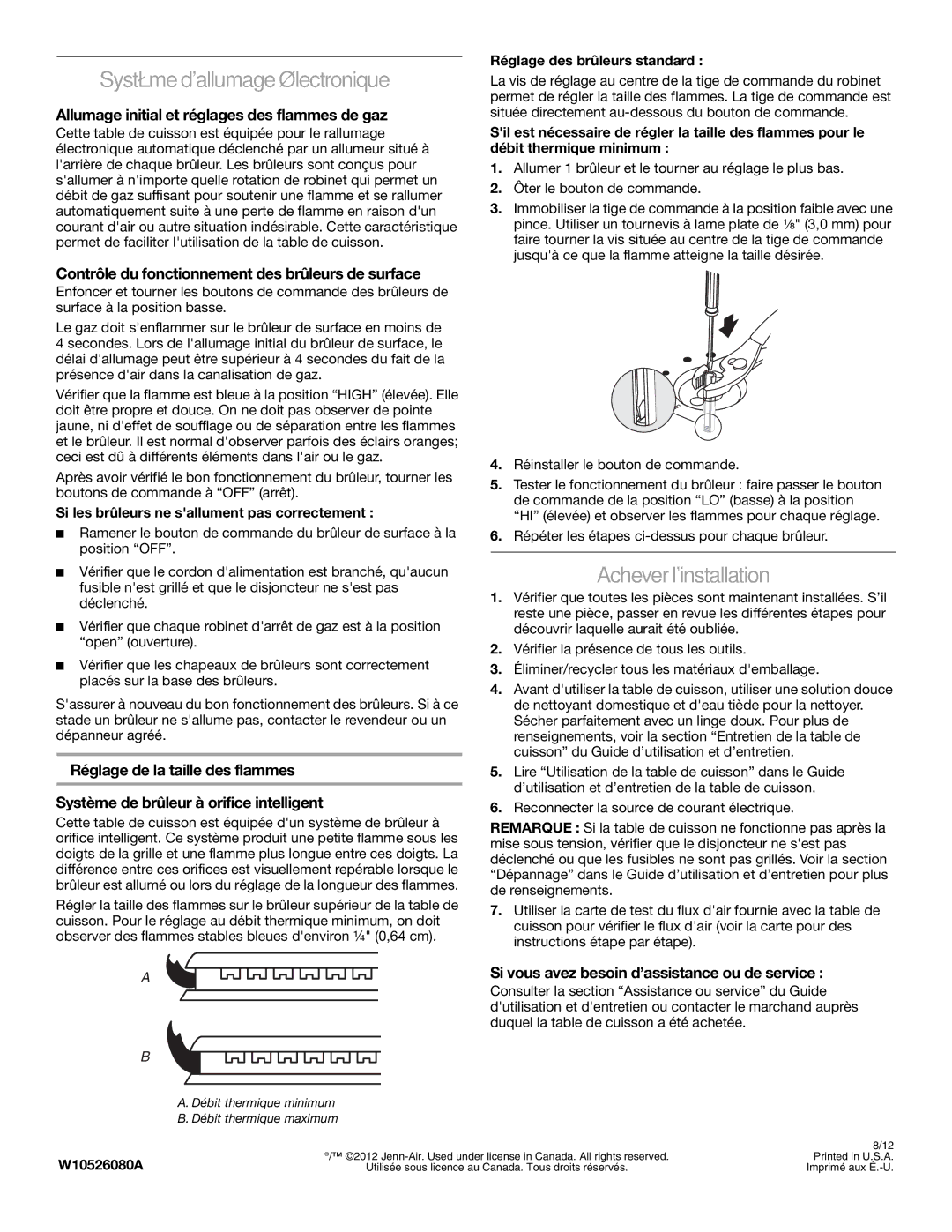 Jenn-Air W10526080A Système dallumage électronique, Achever linstallation, Allumage initial et réglages des flammes de gaz 
