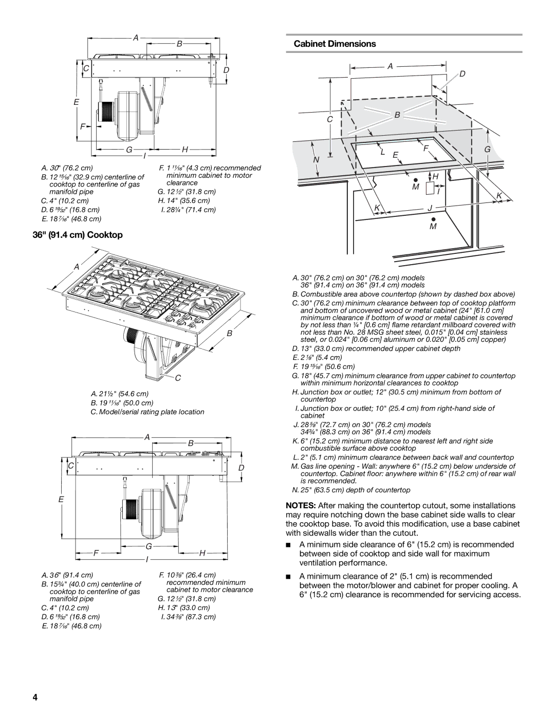 Jenn-Air W10526080A installation instructions 36 91.4 cm Cooktop, Cabinet Dimensions 