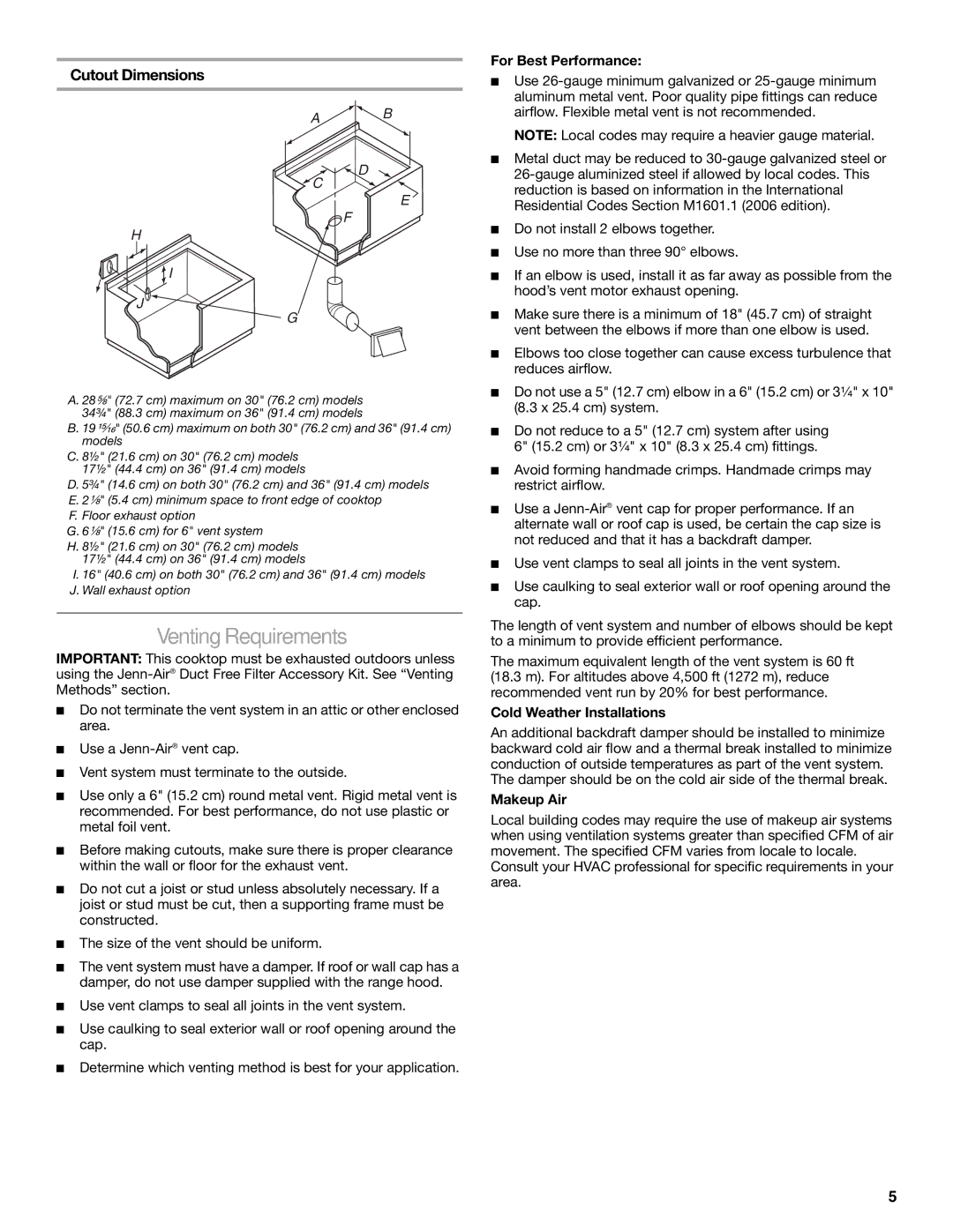 Jenn-Air W10526080A Venting Requirements, Cutout Dimensions, For Best Performance, Cold Weather Installations, Makeup Air 