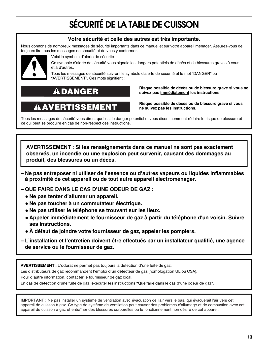 Jenn-Air W10526080A installation instructions Sécurité De La Table De Cuisson, Danger Avertissement 