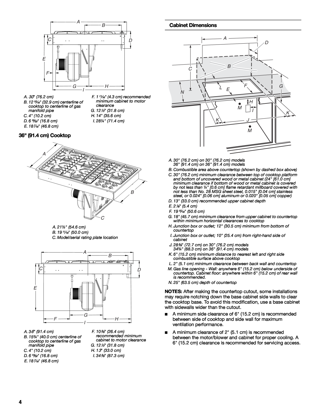 Jenn-Air W10526080A installation instructions 36 91.4 cm Cooktop, Cabinet Dimensions, A B C, A D Cb, K J M 