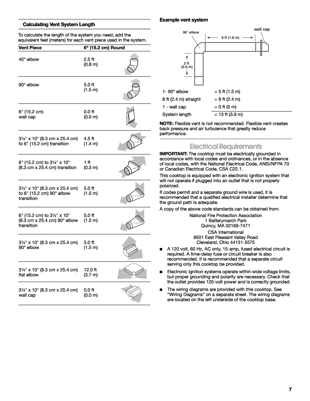 Jenn-Air W10526080A Electrical Requirements, Calculating Vent System Length, Example vent system, Vent Piece 
