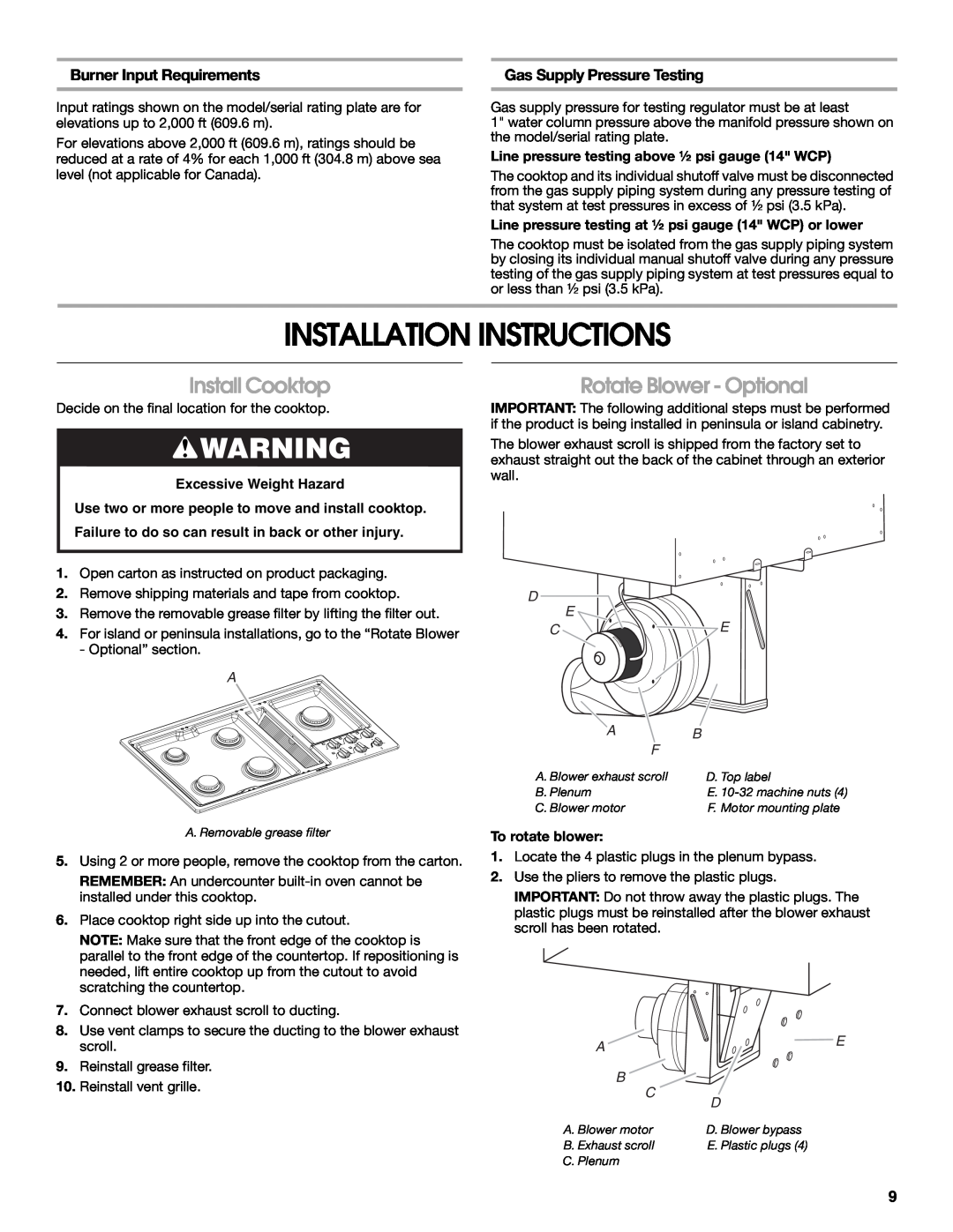 Jenn-Air W10526080A Installation Instructions, Install Cooktop, Rotate Blower - Optional, Burner Input Requirements 