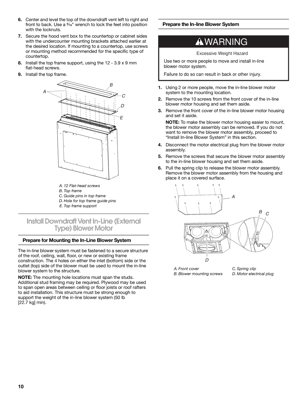 Jenn-Air W10526413C Install Downdraft Vent In-Line External Type Blower Motor, Prepare the In-line Blower System 