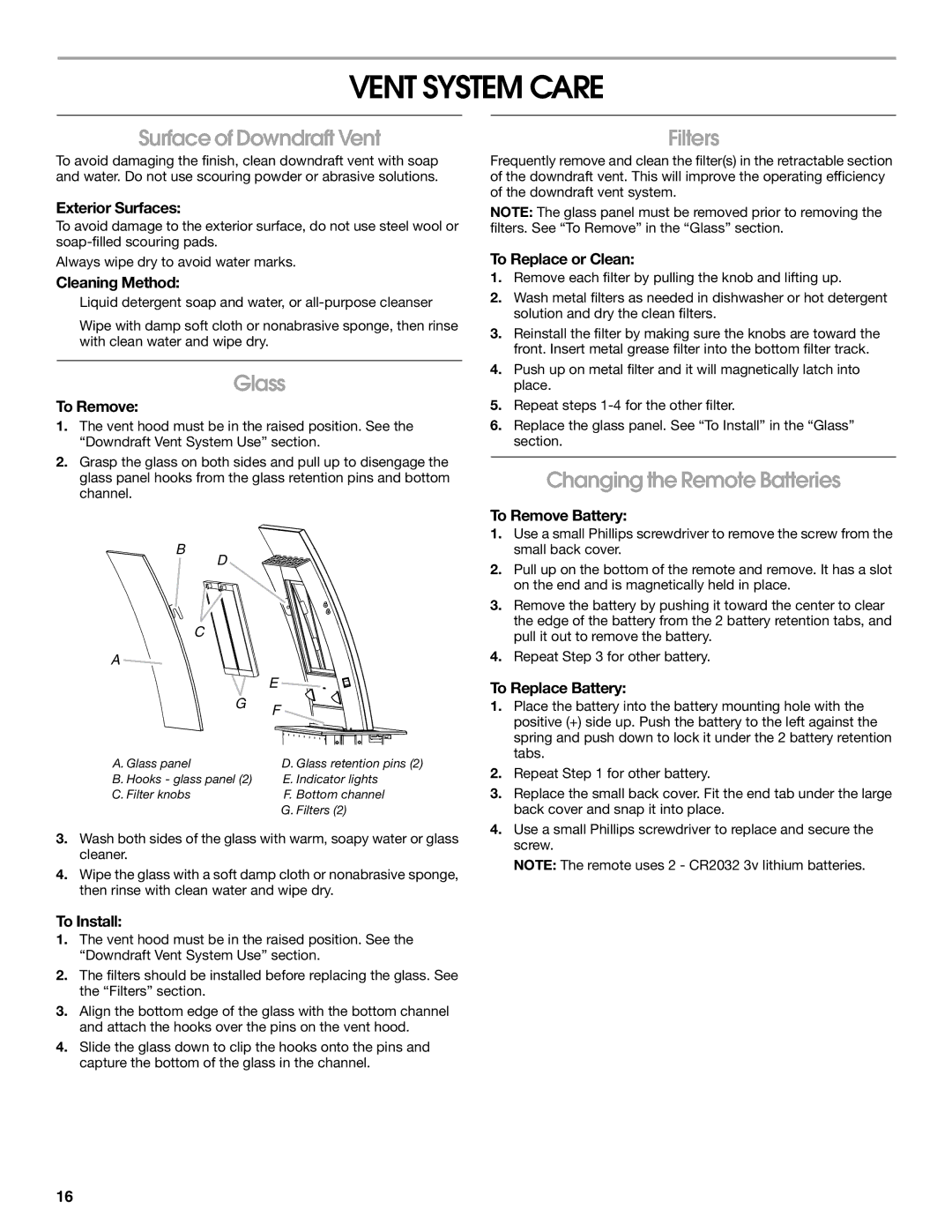 Jenn-Air W10526413C, LIB0057678 Vent System Care, Surface of Downdraft Vent, Glass, Filters, Changing the Remote Batteries 