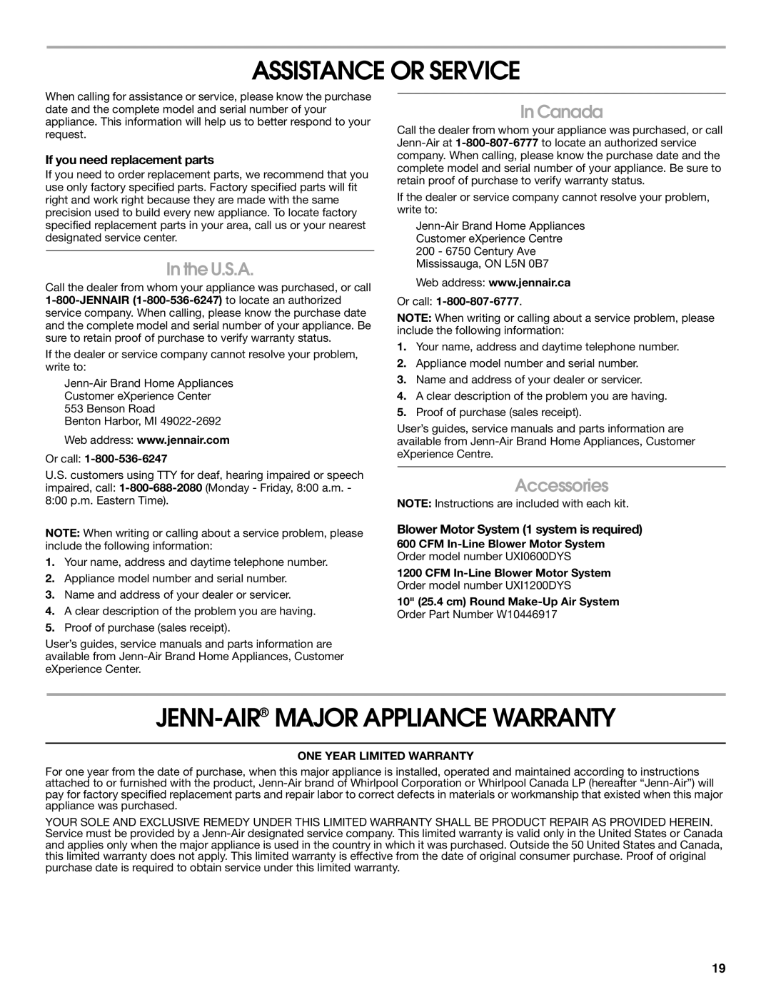 Jenn-Air LIB0057678, W10526413C Assistance or Service, JENN-AIRMAJOR Appliance Warranty, U.S.A, Canada, Accessories 