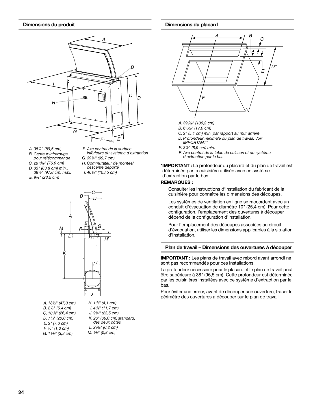 Jenn-Air W10526413C Dimensions du produit Dimensions du placard, Plan de travail Dimensions des ouvertures à découper 