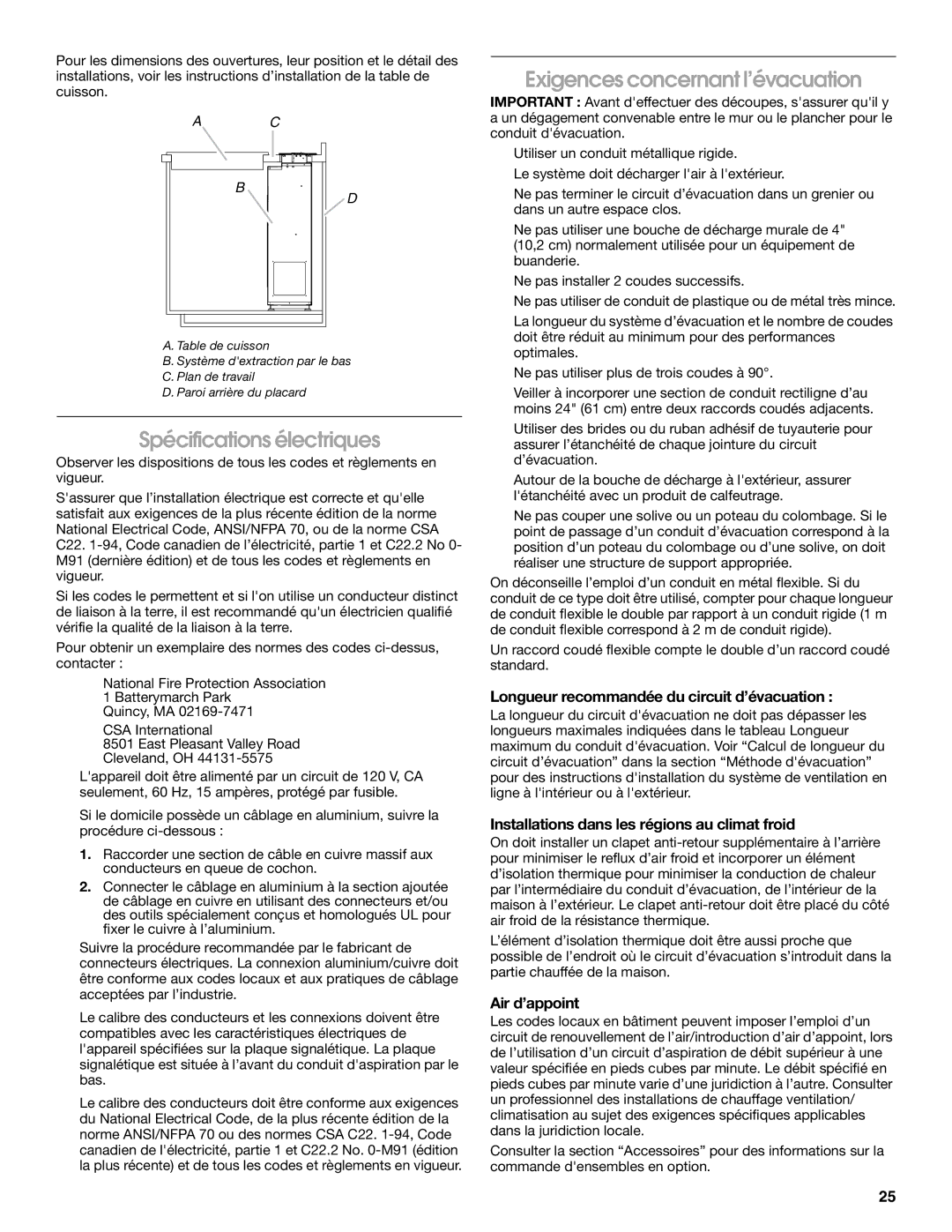 Jenn-Air LIB0057678, W10526413C Spécifications électriques, Exigences concernant l’évacuation, Air d’appoint 