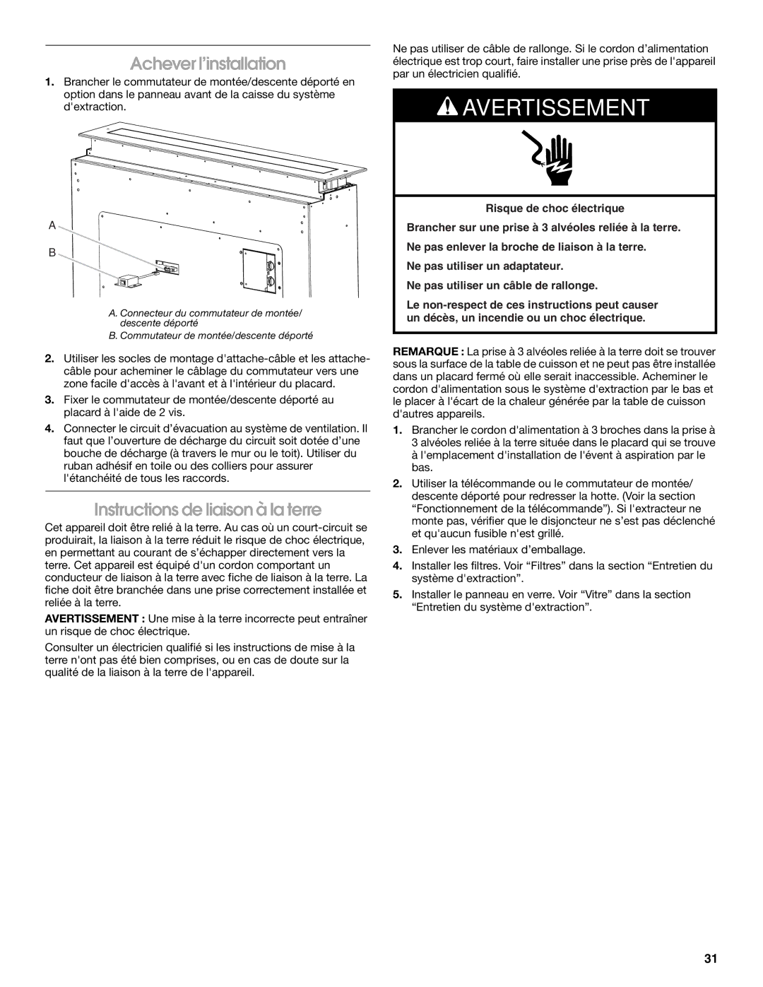 Jenn-Air LIB0057678, W10526413C installation instructions Achever l’installation, Instructions de liaison à la terre 