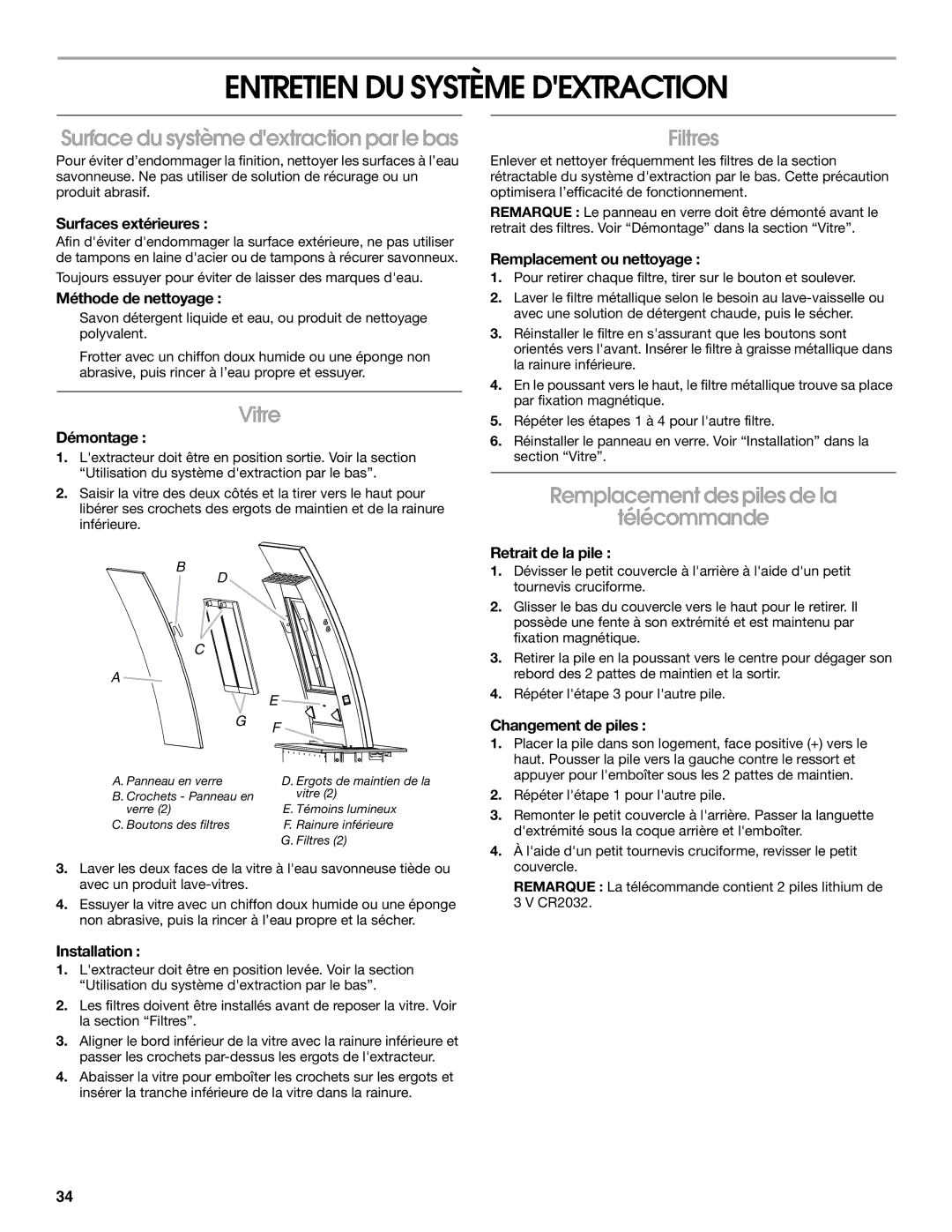 Jenn-Air W10526413C Entretien DU Système Dextraction, Surface du système dextraction par le bas, Vitre, Filtres 