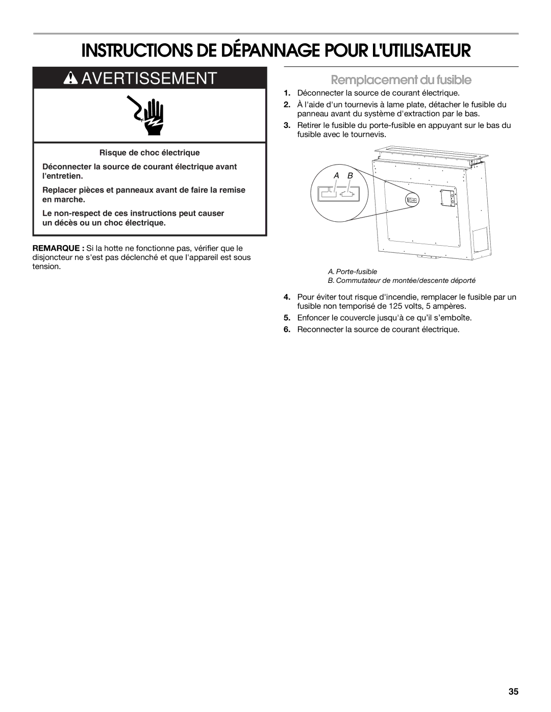 Jenn-Air LIB0057678, W10526413C Instructions DE Dépannage Pour Lutilisateur, Remplacement du fusible 