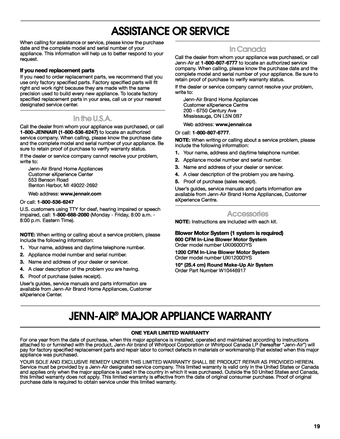 Jenn-Air LIB0057678 Assistance Or Service, Jenn-Air Major Appliance Warranty, In the U.S.A, In Canada, Accessories 