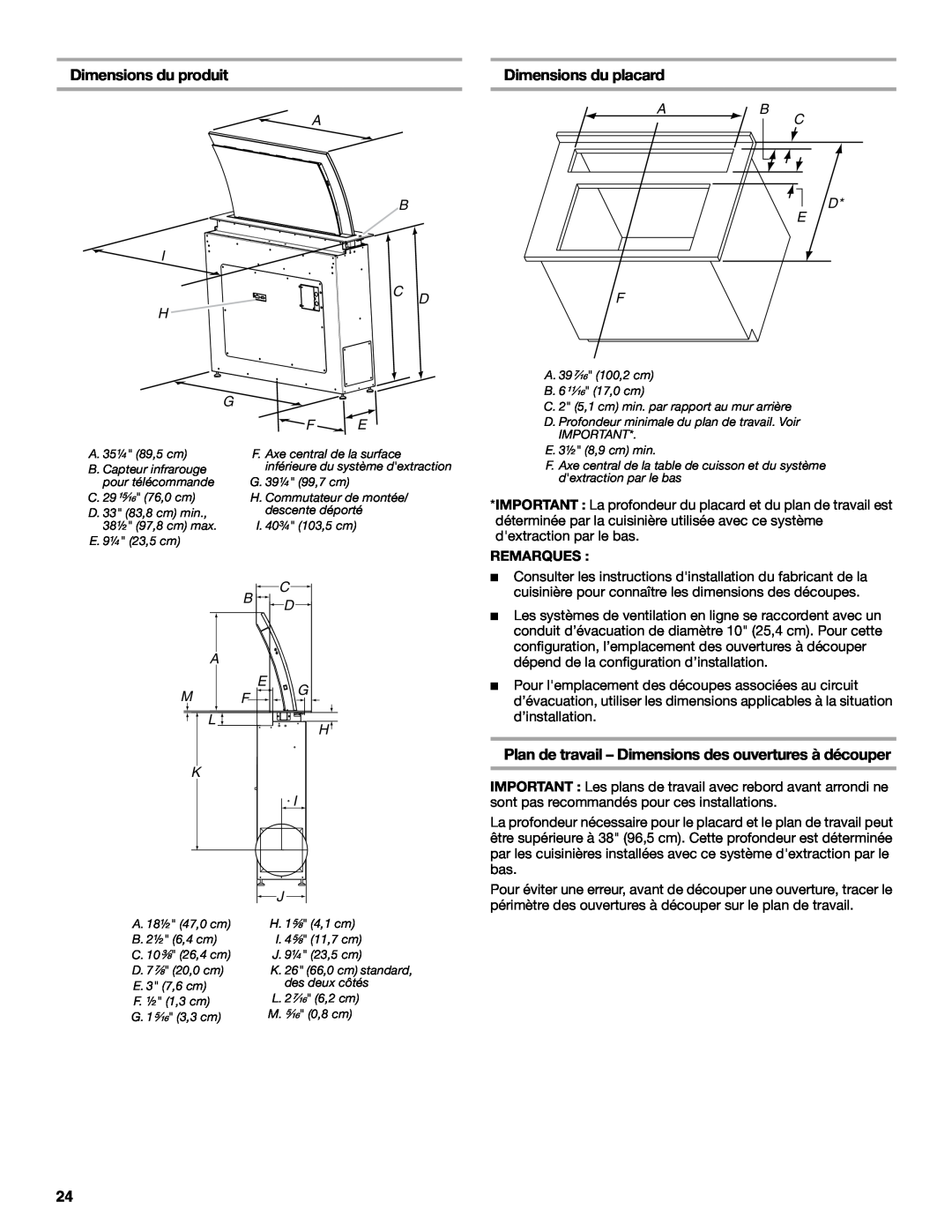 Jenn-Air W10526413C Dimensions du produit, Dimensions du placard, Plan de travail - Dimensions des ouvertures à découper 