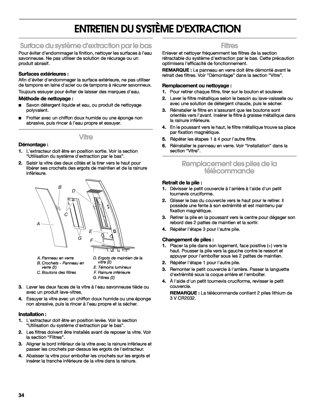 Jenn-Air W10526413C Entretien Du Système Dextraction, Surface du système dextraction par le bas, Vitre, Filtres, Démontage 