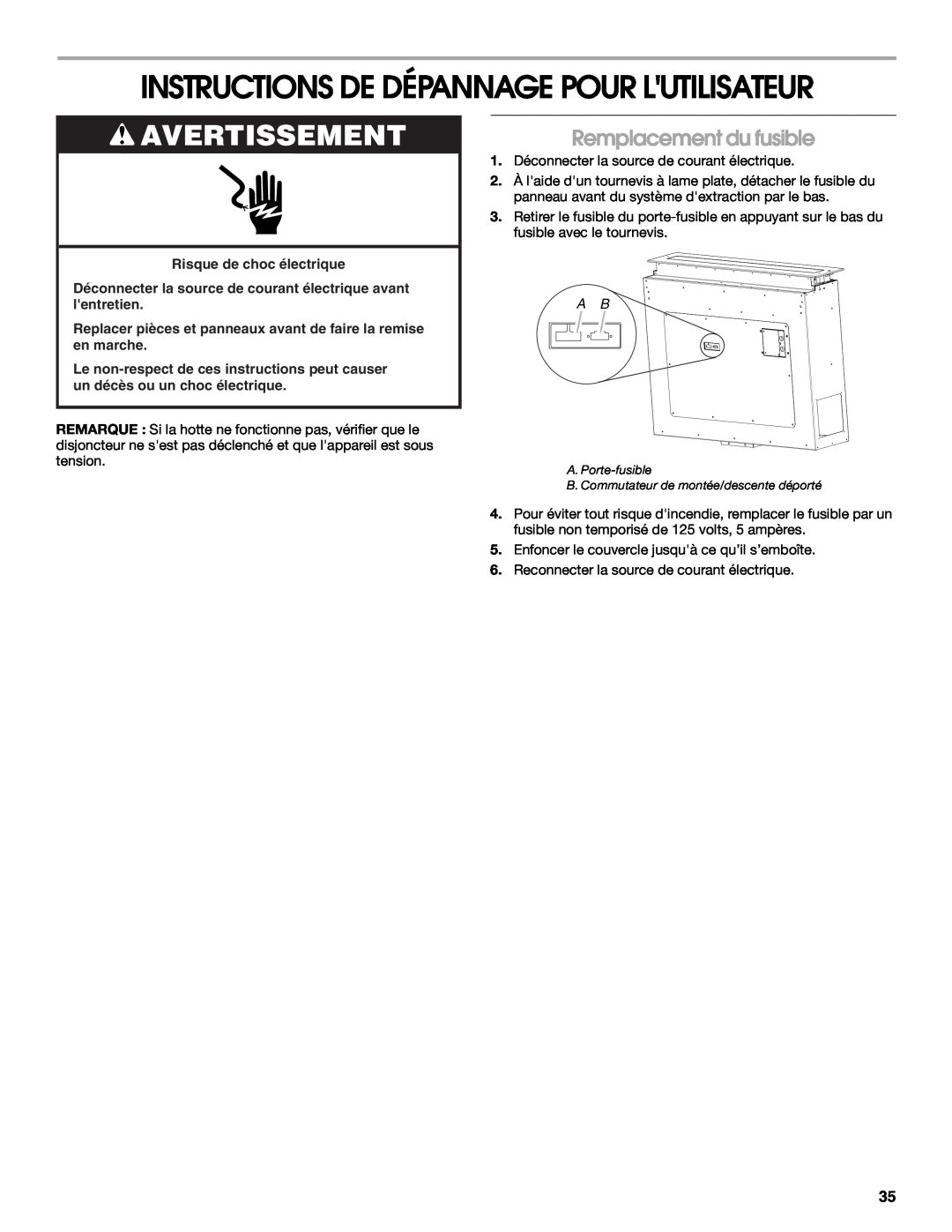 Jenn-Air LIB0057678, W10526413C Instructions De Dépannage Pour Lutilisateur, Remplacement du fusible, Avertissement 