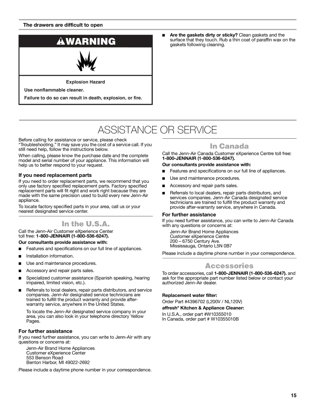 Jenn-Air W10549548A manual Assistance or Service, U.S.A, Canada, Accessories 