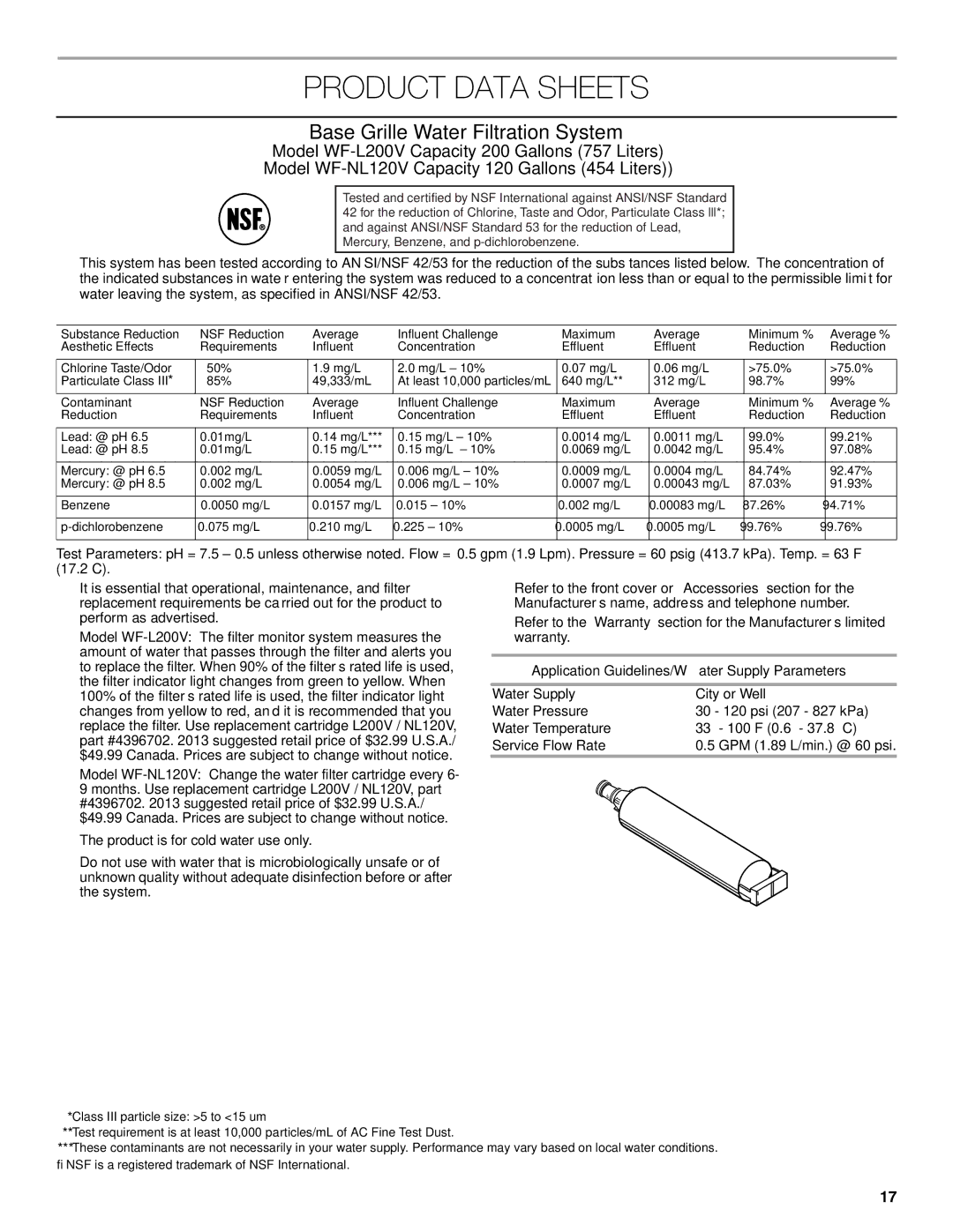 Jenn-Air W10549548A manual Product Data Sheets, Application Guidelines/Water Supply Parameters 