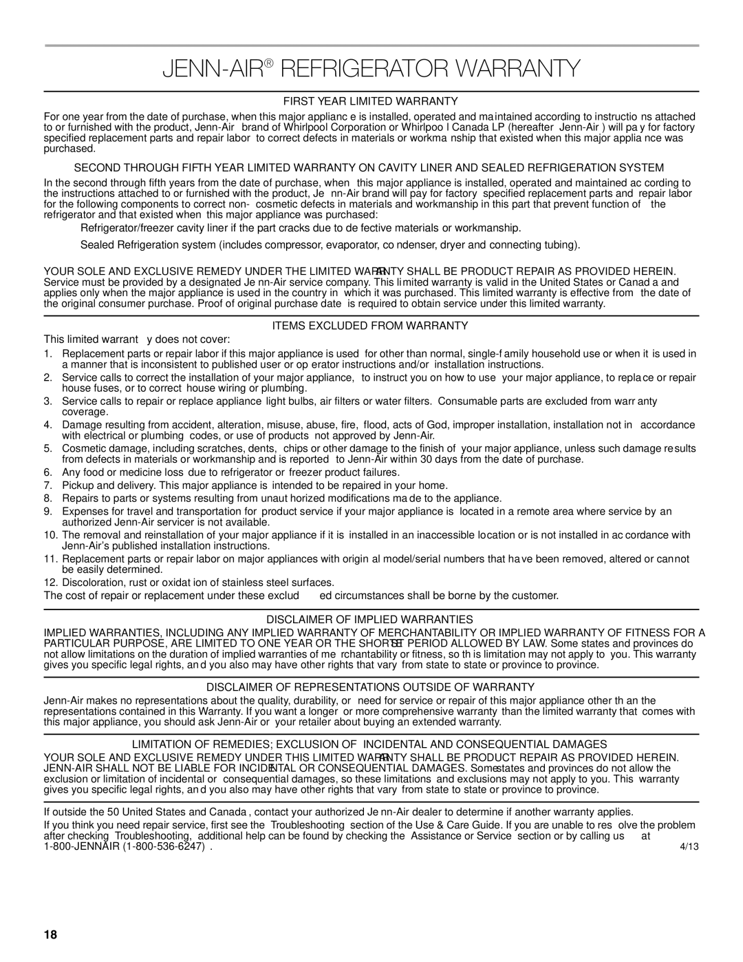 Jenn-Air W10549548A manual JENN-AIRREFRIGERATOR Warranty, First Year Limited Warranty, Items Excluded from Warranty 