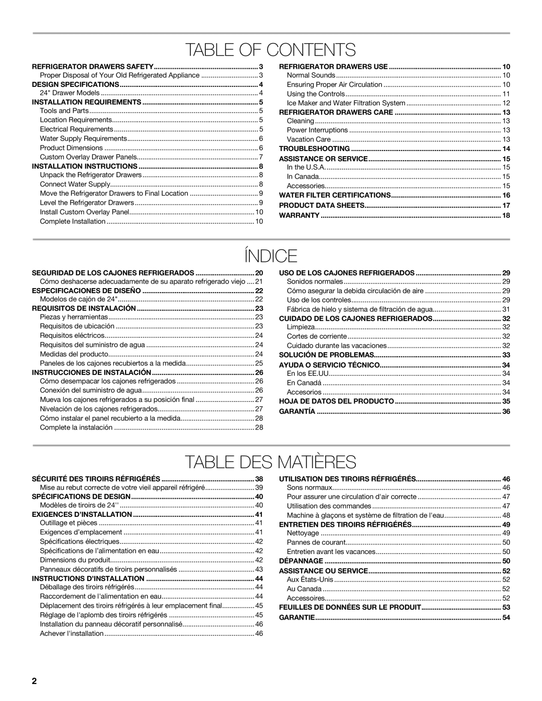 Jenn-Air W10549548A manual Table of Contents, Índice, Table DES Matières 